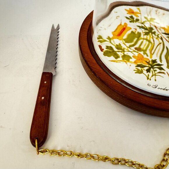 Goodwood Vintage Cheese Tray Wood Tile with Knife Chain Dome Yellow Green - Picture 3 of 12